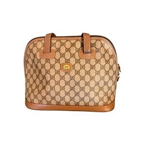 Vintage Gucci GG Monogram Dome Satchel Handbag Brown Leather Trim